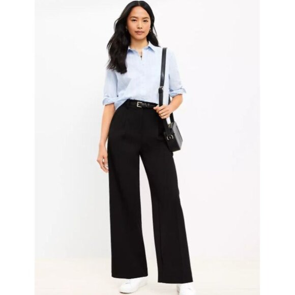 LOFT Black The Peyton Trouser Sleek Front Pleat Wide Leg Pants Women's Size 8 - Picture 1 of 11